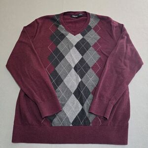 Claiborne Men's V-Neck Sweater Maroon Gray White Argyle 100% Cotton Size Large